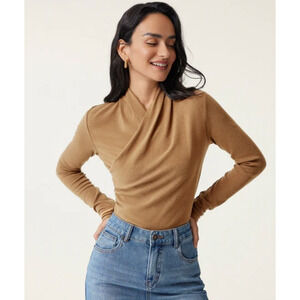 OGL Top Size S NEW Cinnamon Buff Camel Tan Surplice Long Sleeve Top V Neck